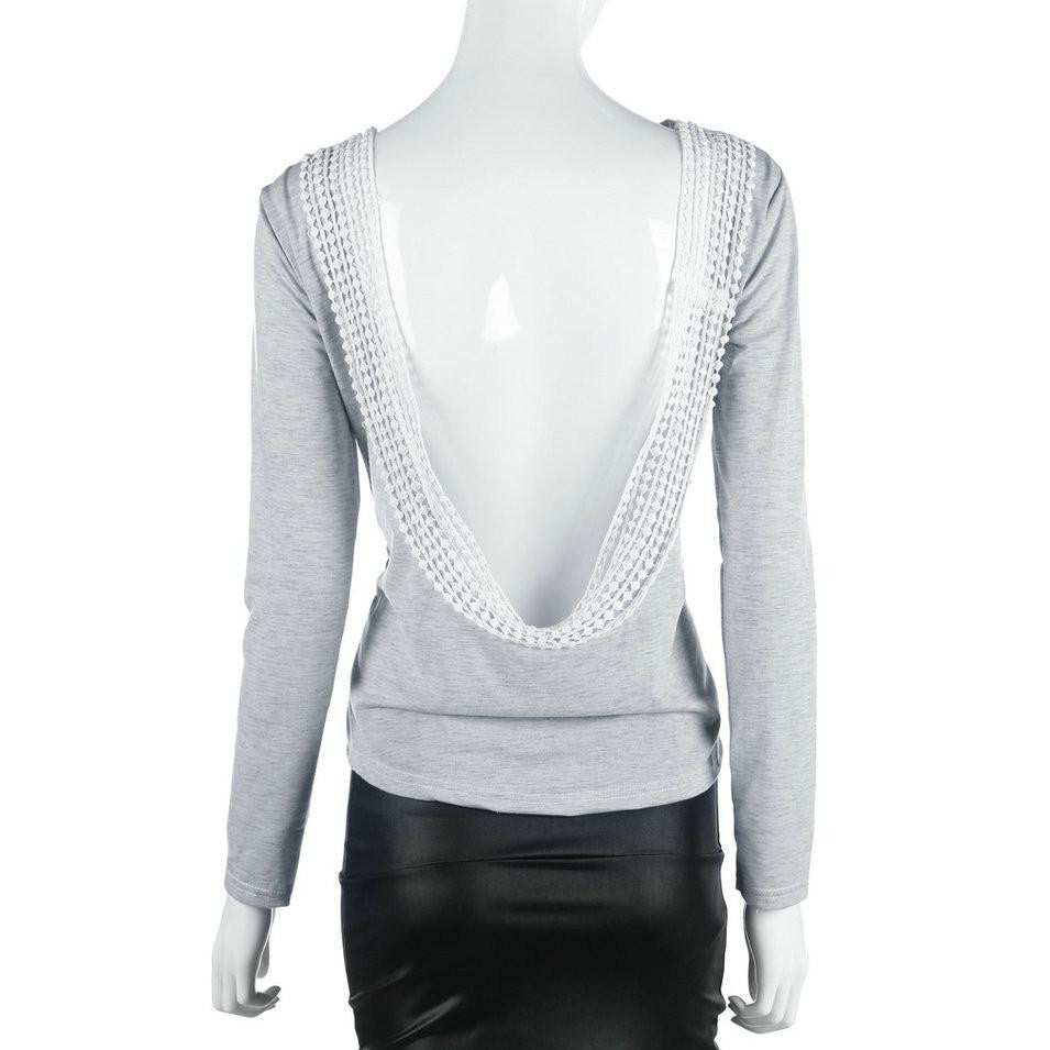 T-shirt Long Sleeve O-Neck Women Backless Tops T-Shirt Cotton Lace Shirt Casual Tee Women Clothing