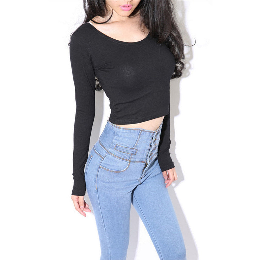 Online discount shop Australia - Fashion Womens Cut-Out Crooped Tops Long Sleeve T-shirt Clubwear Cropped Top Drop