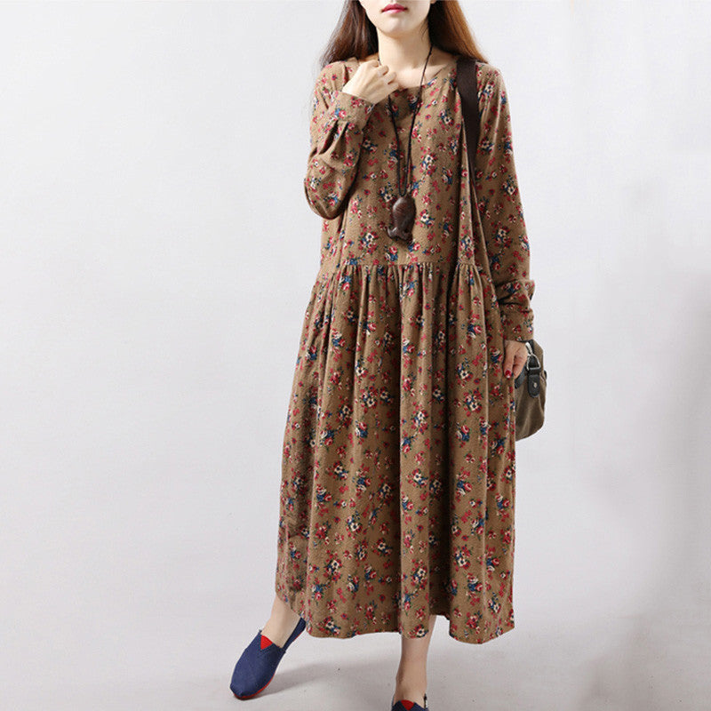 Women Dresses Vintage Print Casual Long Sleeve Cotton Linen Maxi Dress Swing Floral Big Size Dress