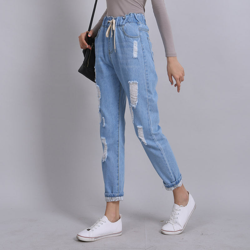 Ripped Jeans for Women Denim Harem Pants Elastic Waist Distressed Loose Casual Long Pants