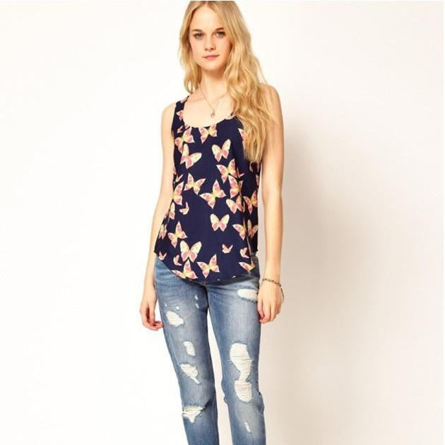 est Women'S Chiffon Tops Butterfly Print Chiffon Shirt Sweet Girls Vestido Plus Size Women Clothing
