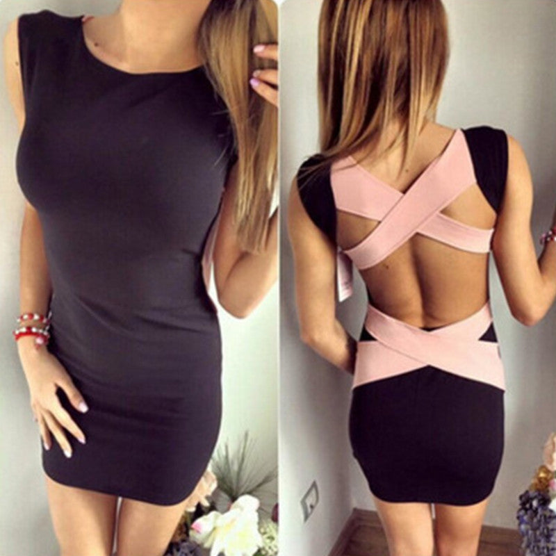 Online discount shop Australia - Fashion style White Knitted Cross Bandage Sleeveless Mini Dress Backless Short Bodycon Night Dress