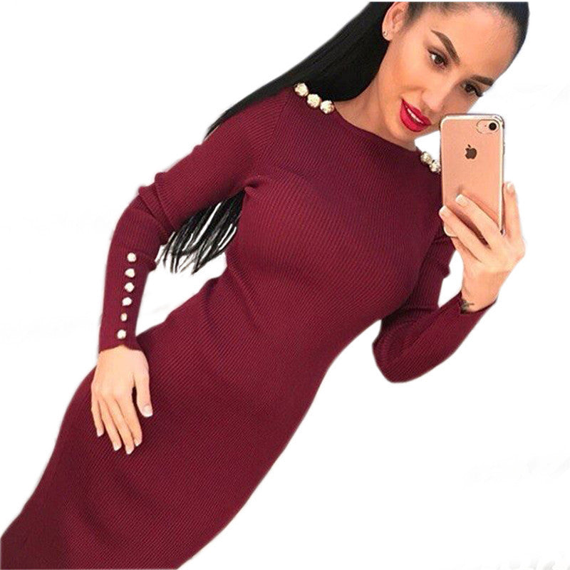Online discount shop Australia - Fashion Women Sexy Bodycon Dress Autumn Winter Knitted Midi Dress Vestdos Solid Long Sleeve Package Hip Dress Vestidos