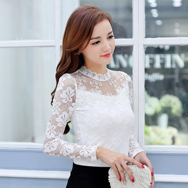Women lace tops Fashion Elegant blouse shirt Long-sleeve Hollow lace shirt