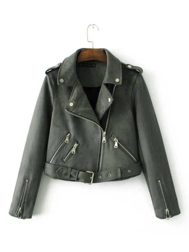 Online discount shop Australia - Bella Philosophy Women new zipper turn-down collar faux suede biker jacket coat khaki gray