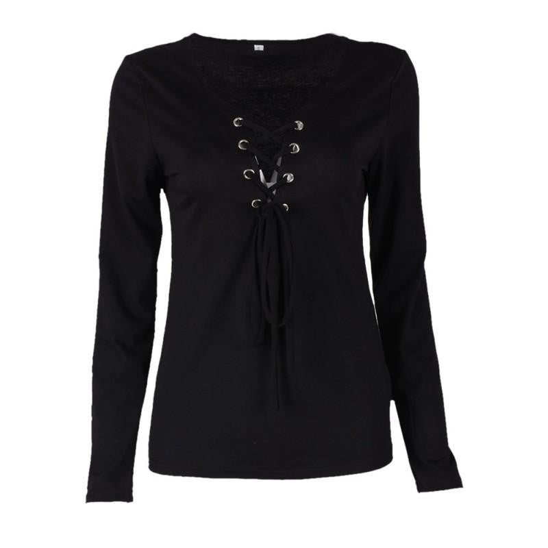Online discount shop Australia - Fall Casual Women Clothes Bandage Lace Up Long-Sleeve T-shirt Female Sexy Deep V T-shirts Tops 5 Colors
