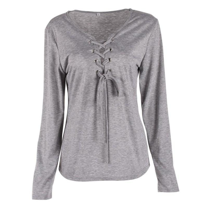Online discount shop Australia - Fall Casual Women Clothes Bandage Lace Up Long-Sleeve T-shirt Female Sexy Deep V T-shirts Tops 5 Colors