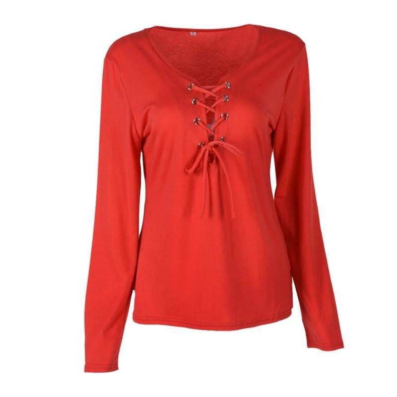 Online discount shop Australia - Fall Casual Women Clothes Bandage Lace Up Long-Sleeve T-shirt Female Sexy Deep V T-shirts Tops 5 Colors
