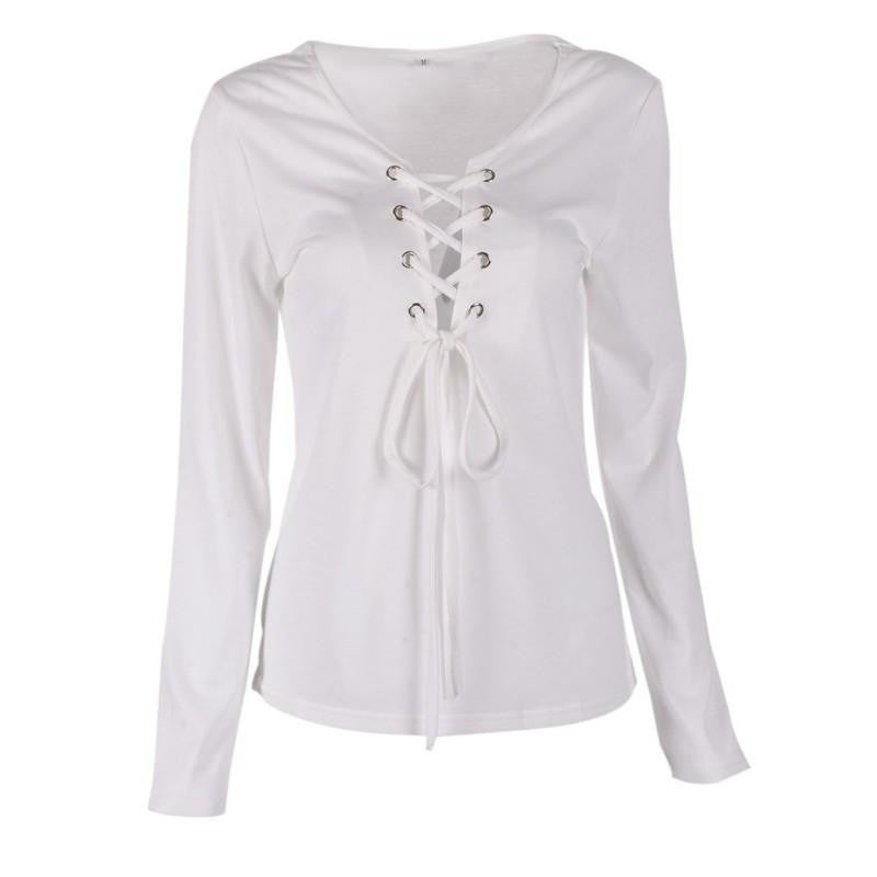 Online discount shop Australia - Fall Casual Women Clothes Bandage Lace Up Long-Sleeve T-shirt Female Sexy Deep V T-shirts Tops 5 Colors