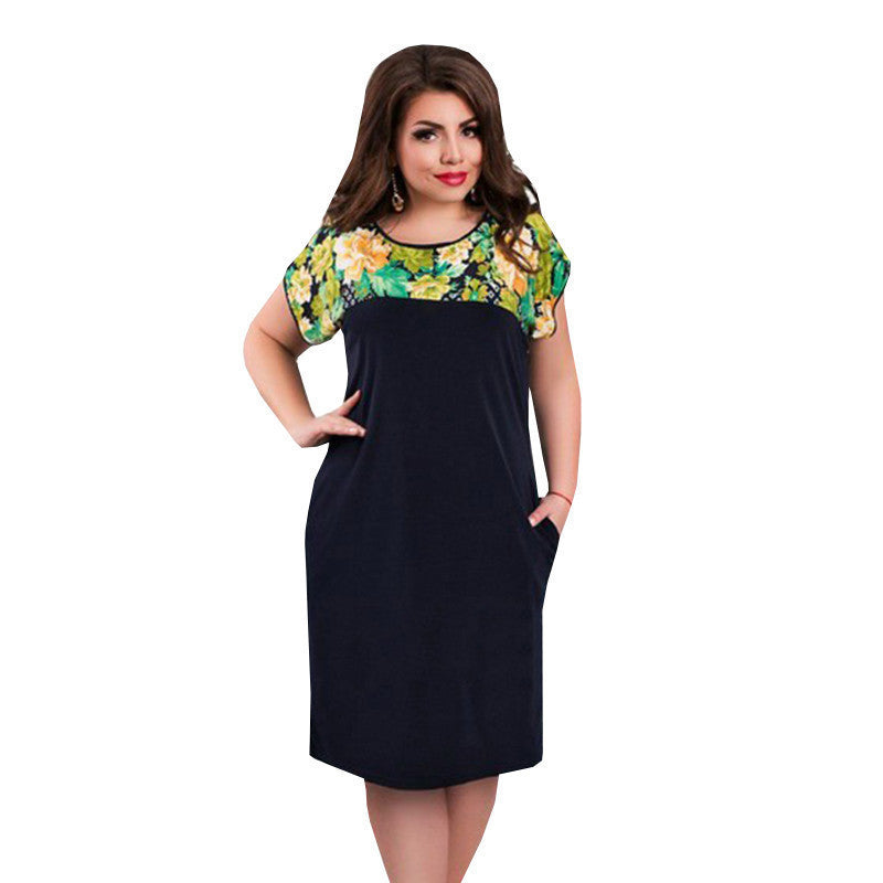 Online discount shop Australia - Dress women new fashion plus size dress Patchwork Knee Length Short Sleeves Batwing Straight New Dress O-Neck Summer