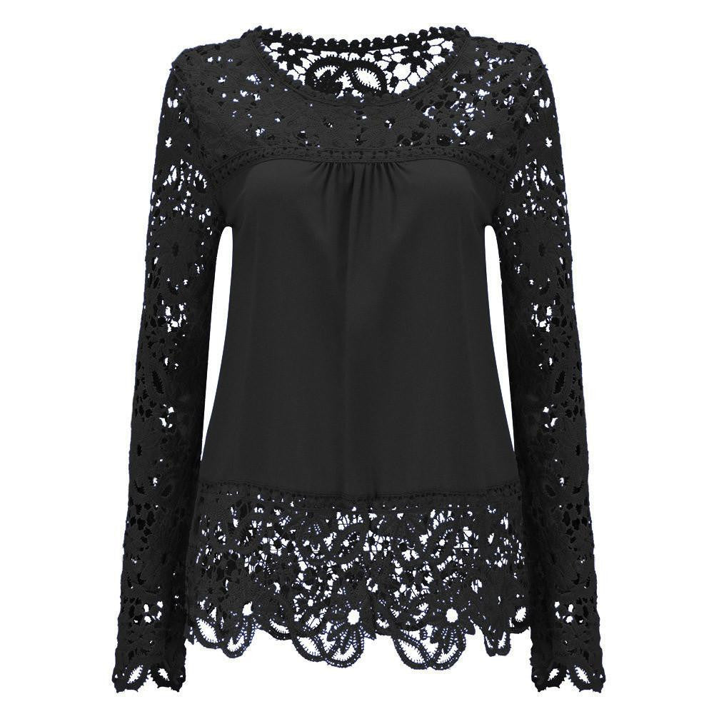 Women Fashion Elegant Lace Blouse Shirt Chiffon Long Sleeve Tops Plus Size Women Clothing 15 Colors S-7XL