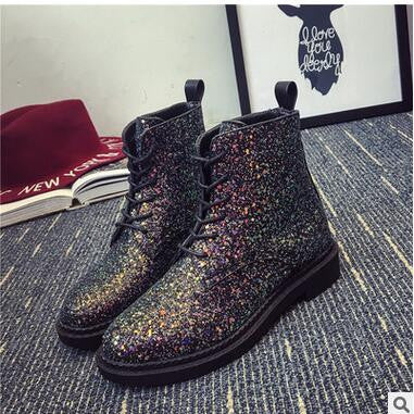 influx of European and American sequined lace PU low cylinder boots Martin boots Korean female fashion round