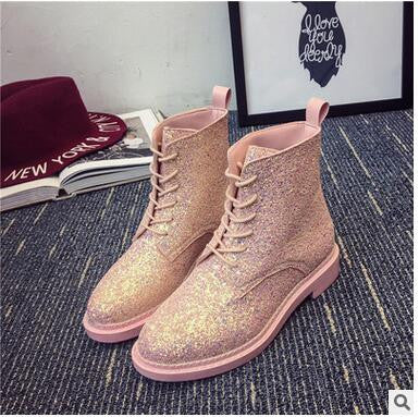 influx of European and American sequined lace PU low cylinder boots Martin boots Korean female fashion round
