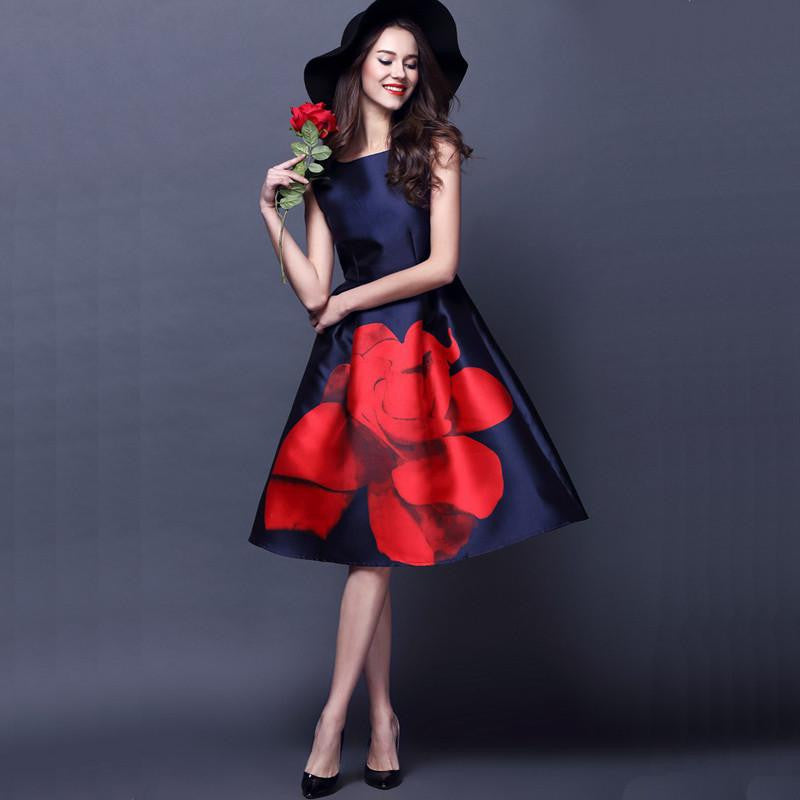 Women Dress Runway Elegant Vintage Rose Large Floral Print Midi High Waist Ball Gown Tank Dress
