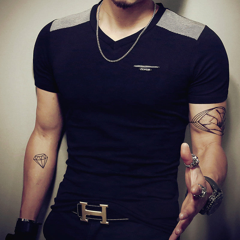 Men Short Sleeve Tops Fashion Casual V Neck Cotton T Shirt Muscle Tight Fit Stylish T-shirt Size M-3XL