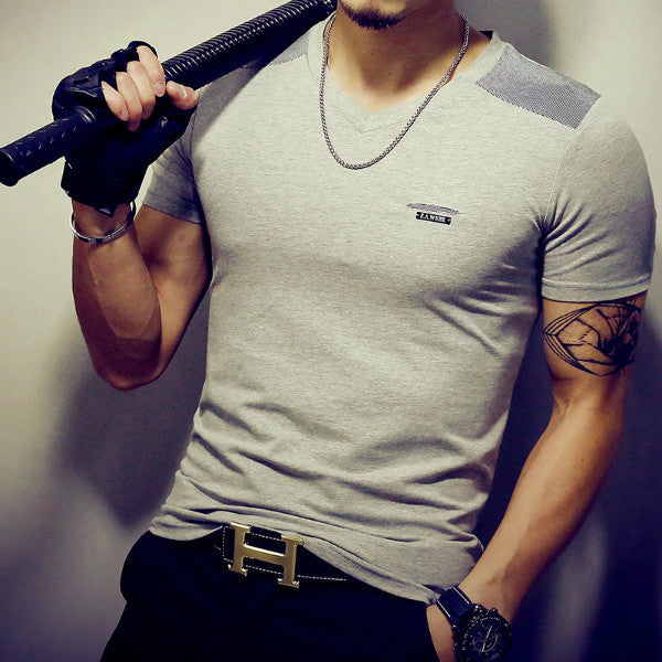 Men Short Sleeve Tops Fashion Casual V Neck Cotton T Shirt Muscle Tight Fit Stylish T-shirt Size M-3XL