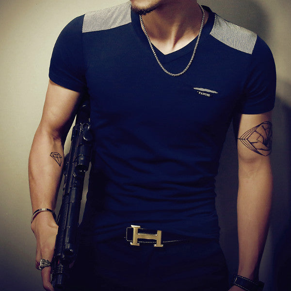 Men Short Sleeve Tops Fashion Casual V Neck Cotton T Shirt Muscle Tight Fit Stylish T-shirt Size M-3XL