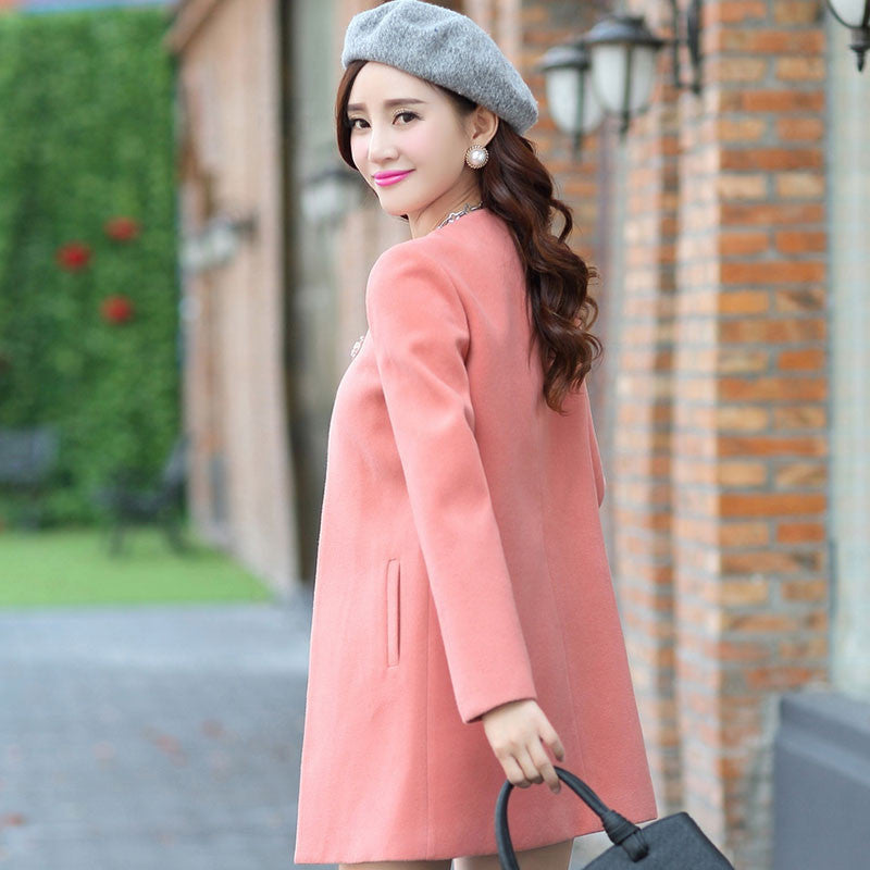 candy-colored woolen coat woolen coat long paragraph Slim cardigan women's collarless coat