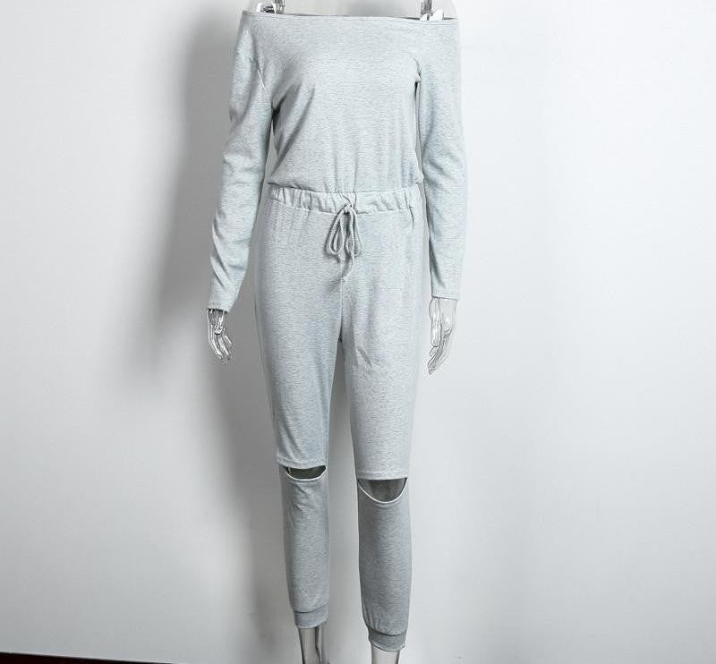 Online discount shop Australia - Glamaker Sexy off shoulder long sleeve jumpsuit romper hollow out gray jumpsuit women Fashion wine red jumpsuit