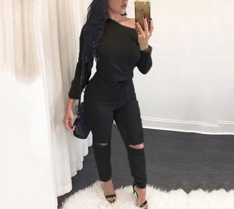 Online discount shop Australia - Glamaker Sexy off shoulder long sleeve jumpsuit romper hollow out gray jumpsuit women Fashion wine red jumpsuit