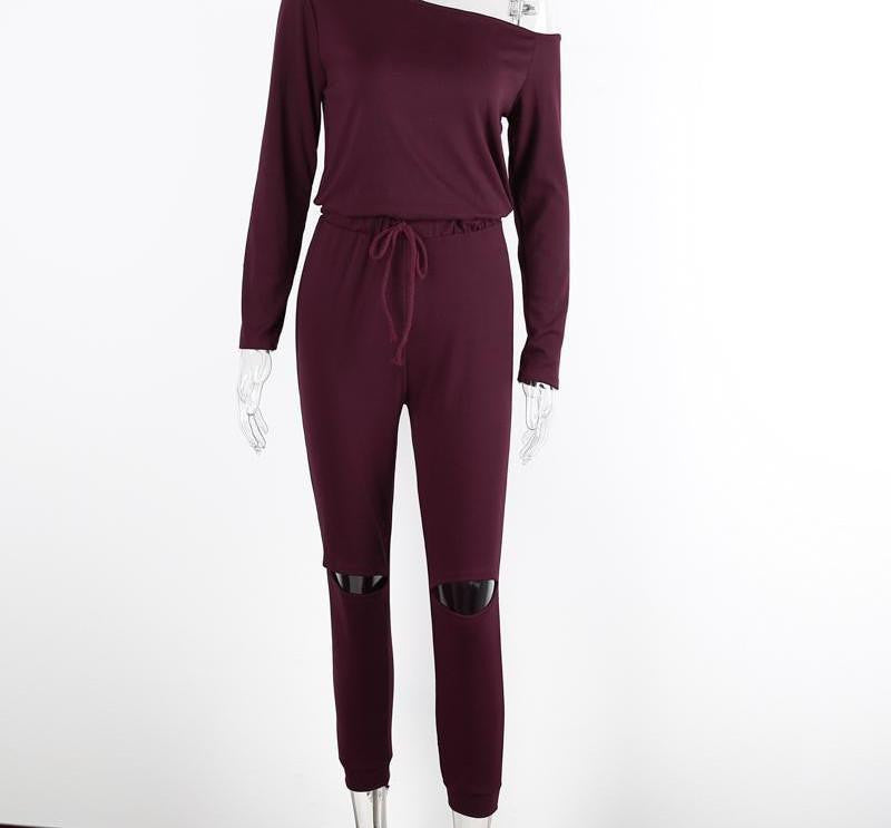 Online discount shop Australia - Glamaker Sexy off shoulder long sleeve jumpsuit romper hollow out gray jumpsuit women Fashion wine red jumpsuit