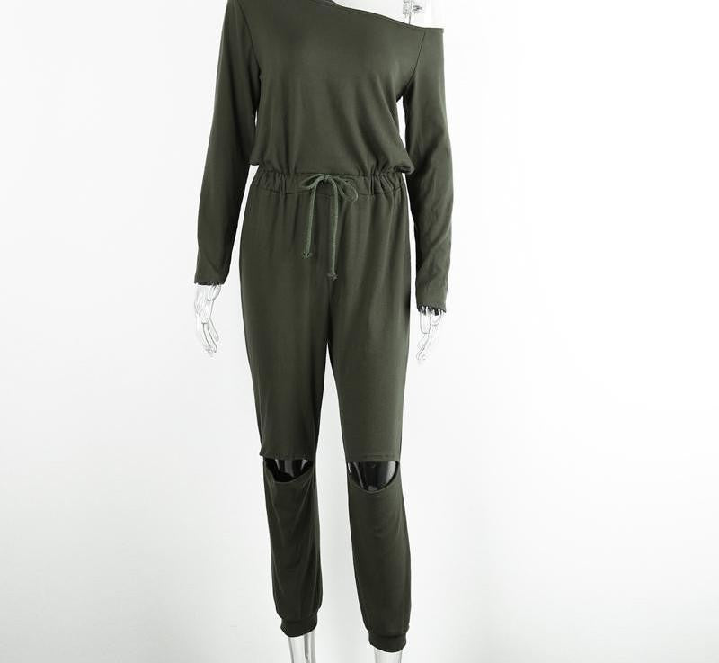 Online discount shop Australia - Glamaker Sexy off shoulder long sleeve jumpsuit romper hollow out gray jumpsuit women Fashion wine red jumpsuit