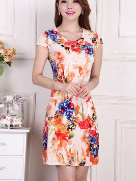 Online discount shop Australia - Fashion Women summer Tunic Milk Silk Print Short sleeve O neck Slim dress Plus Size sexy casual dresses