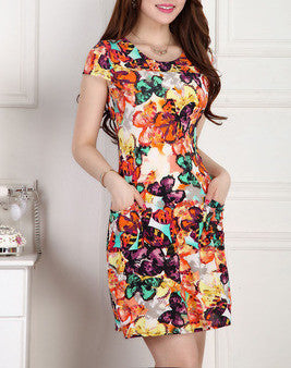 Online discount shop Australia - Fashion Women summer Tunic Milk Silk Print Short sleeve O neck Slim dress Plus Size sexy casual dresses