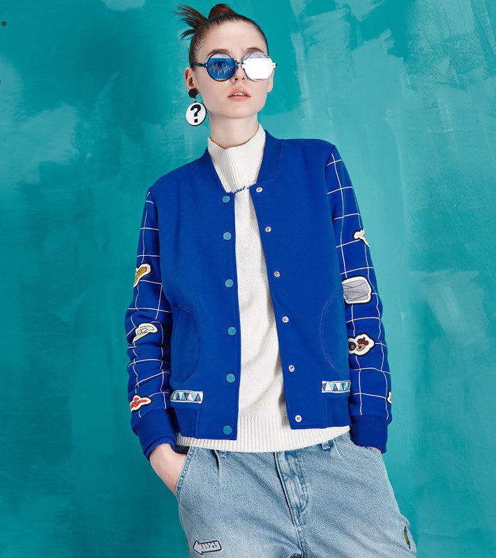 Women Fashion Baseball Jacket Print Plaid Long Sleeve Short Jacket Lady Thin Outwears