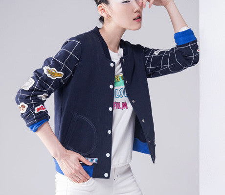 Women Fashion Baseball Jacket Print Plaid Long Sleeve Short Jacket Lady Thin Outwears
