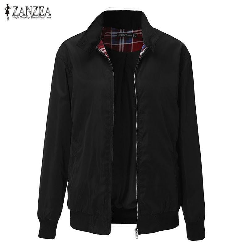 Women Casual Outwear Long Sleeve Vintage Tartan Zippered Pockets Bomber Slim Jacket Coat Plus Size Oversized