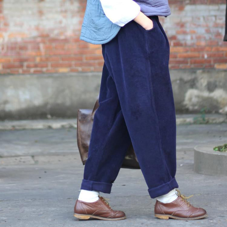Women Retro Loose Harem Pants Corduroy Vintage Casual Plus size Solid color Thicken Mid elastic waist trousers