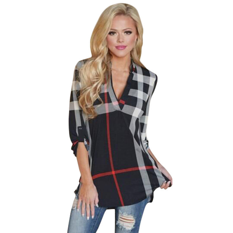 Online discount shop Australia - Ladies Top V Neck Tops Tee Plaid Women Blouse Shirt Three-quarter Sleeve Casual Feminine Blouses LJ4950R