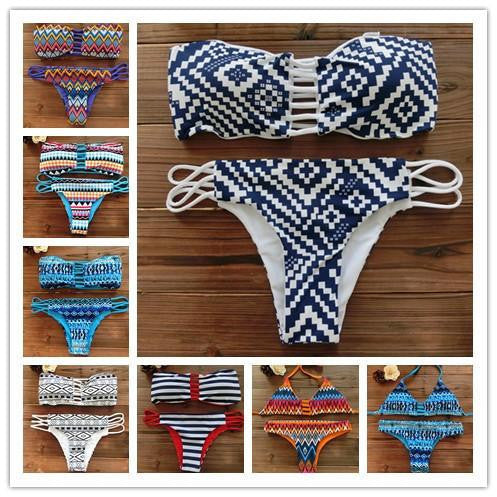Women Bandeau Bikini Reversible Print swimsuit Strappy swimwear biquini trikini 1112