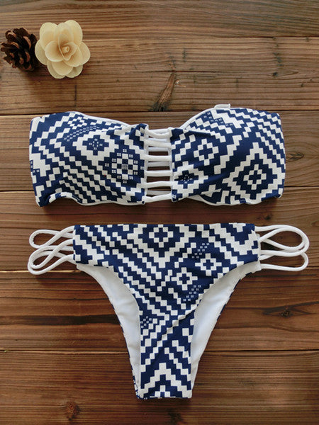 Women Bandeau Bikini Reversible Print swimsuit Strappy swimwear biquini trikini 1112