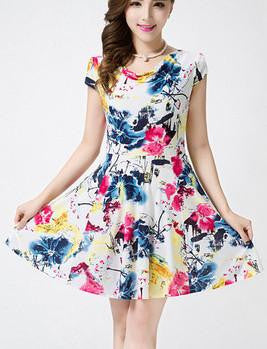 Women Summer Milk Silk Dress Short Sleeves Vintage Printed Flower Print sundress Casual sexy bodycon Dresses