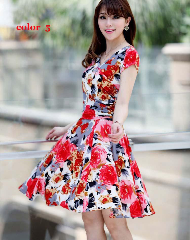 women pleated V-Neck dress waist show thin sand Maxi printed Dresses