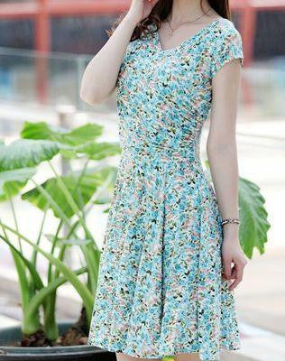women pleated V-Neck dress waist show thin sand Maxi printed Dresses