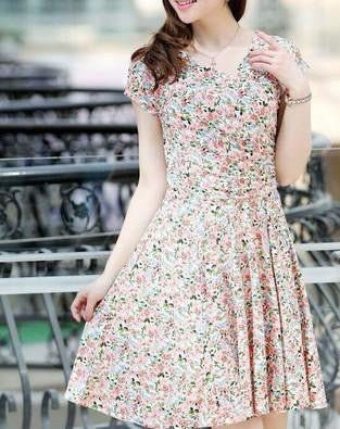 women pleated V-Neck dress waist show thin sand Maxi printed Dresses