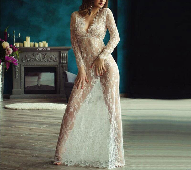 Women Long Lace Dress Plus Size V Summer Beach Dress Embroidery Floral Boho Floor Length Black White Maxi Dresses