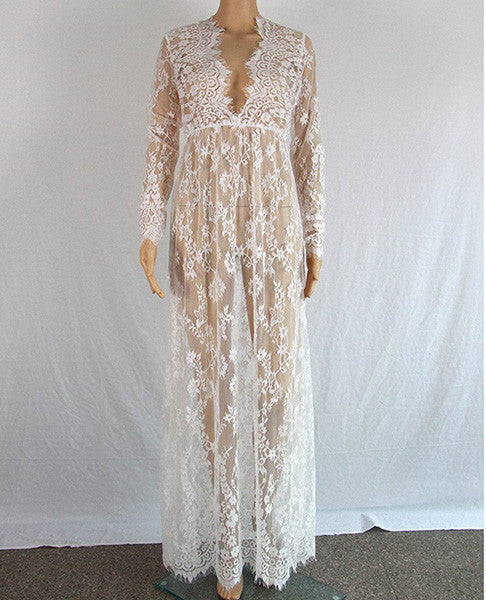Women Long Lace Dress Plus Size V Summer Beach Dress Embroidery Floral Boho Floor Length Black White Maxi Dresses