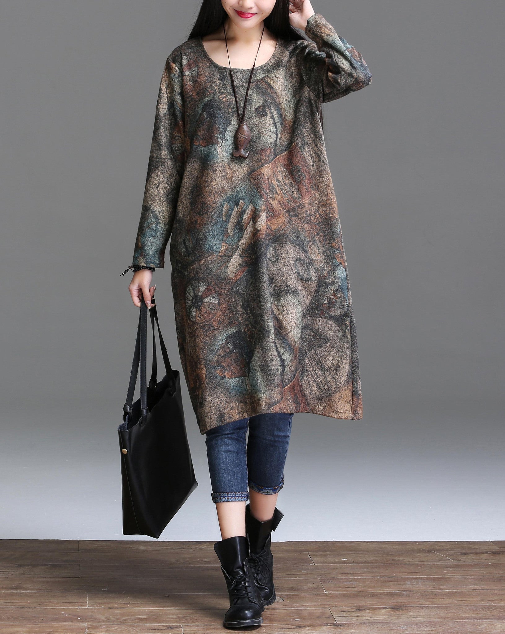 Online discount shop Australia - Autumn Arts Style Women long sleeve Dress Loose Casual Long Dress High Quality Vintage Print Dresses Plus Size YT25