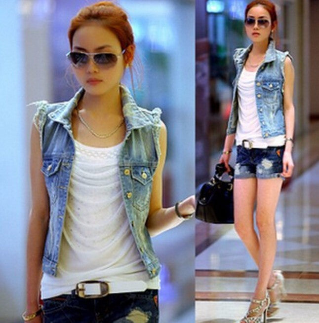 Denim Vest Women Coat Vintage Cardigan Jean Sleeveless Turn-down Collar Single Brted Colete Woman