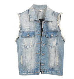 Denim Vest Women Coat Vintage Cardigan Jean Sleeveless Turn-down Collar Single Brted Colete Woman