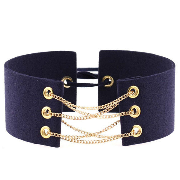 Glamorous Black Velvet Choker With Gold Chains Statement Necklace Link Chain Lace Up Chokers Necklaces Chocker 8 Colors