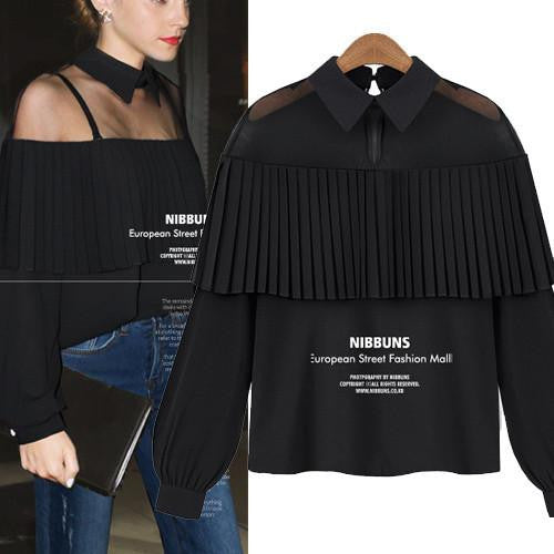XXXL 4XL 5XL Plus Size Women Blouses Peter Pan Collar Mesh Patchwork Pleated Ruffled Chiffon Long Sleeve Shirts