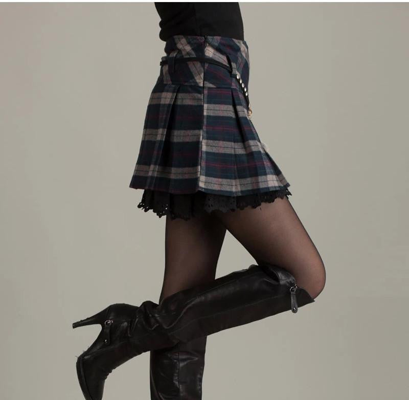 Woolen Lace Stitching Empire Waist Plaid Skirt Sashes Ruffles Pleated A-Line Preppy Style Lolita Women Skirts