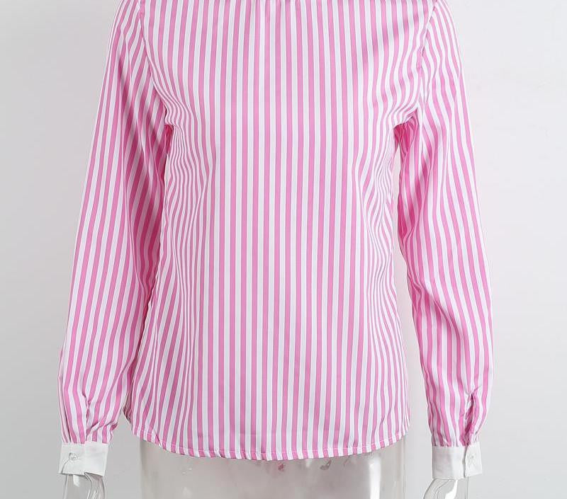 sexy backless blue striped women blouses casual long sleeve girls blouse Hollow out bow