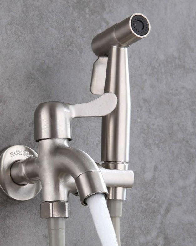 Bathroom Water Tap & Bidet Sprayer Kit. Stainless Steel Wash Machine Tap With Toilet Bidet Faucet With Independent Switch