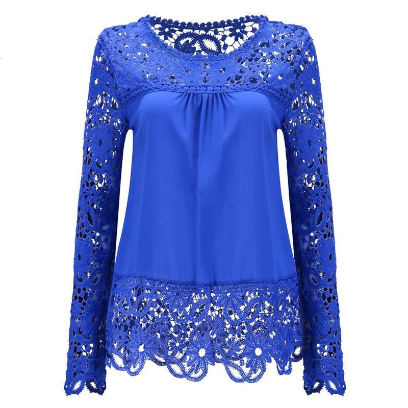 Women Chiffon Blouses Shirts Long Sleeve Tops Lace Blouses Hollow out Crochet Fashion Plus size LY154